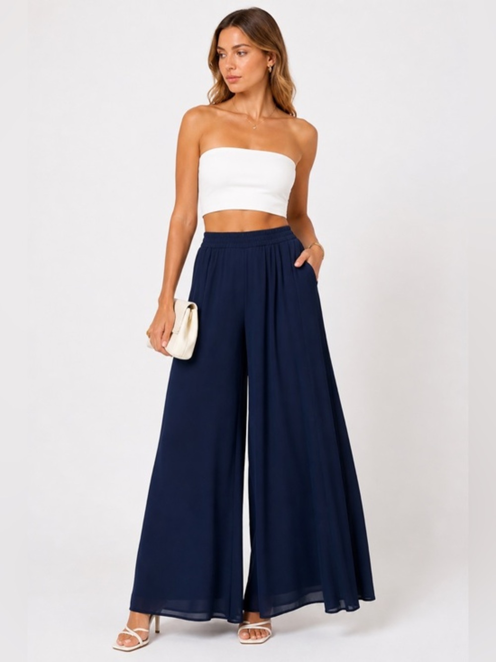 Line + Dot Navy Palazzo Pants Wide Leg High Waist Pull On Double Lined Size M